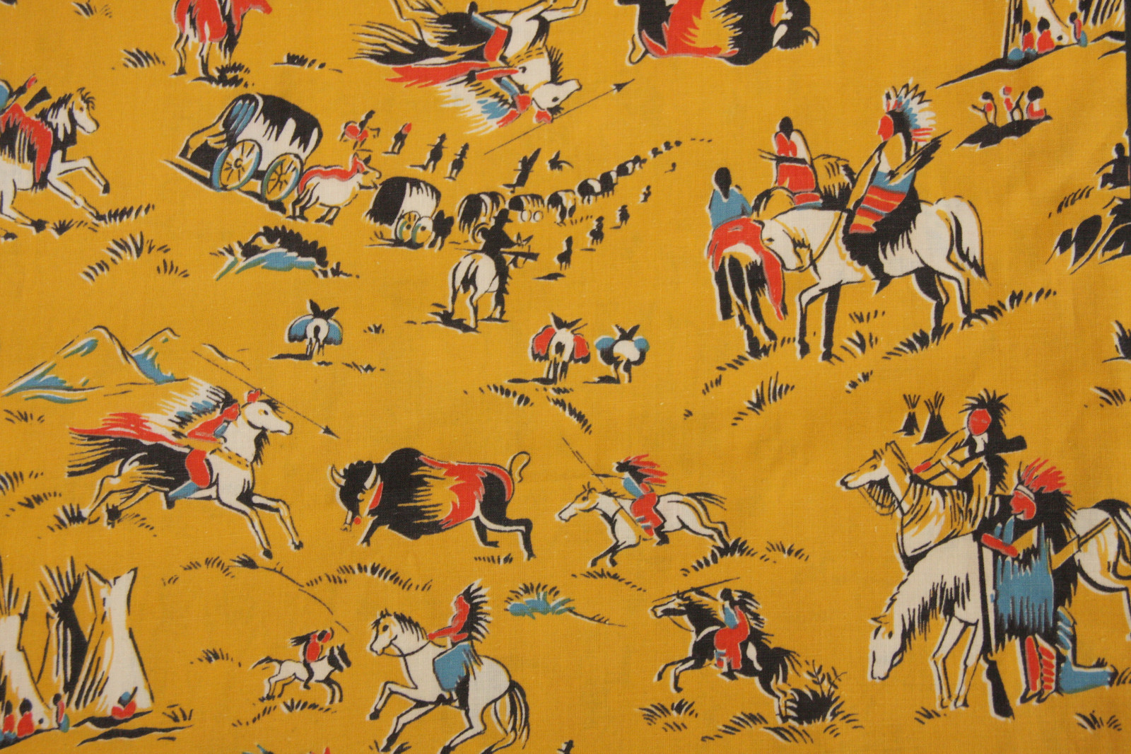 Vtg MCM Cotton Fabric Yellow Native American Horse Buffalo 35