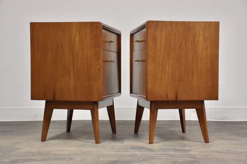 Pair European Walnut Nightstands Mid Century Modern