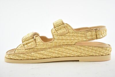 Pre-owned Chanel 21c Beige Raffia Pearl Cc Logo Mule Slide Strap Flat Teva Dad Sandal 38.5