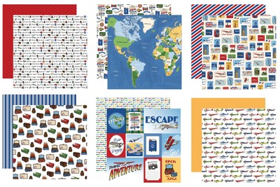 Travel Scrapbook Paper 12x12 - World Map Scrapbook Paper with Plane, Stamp, L...