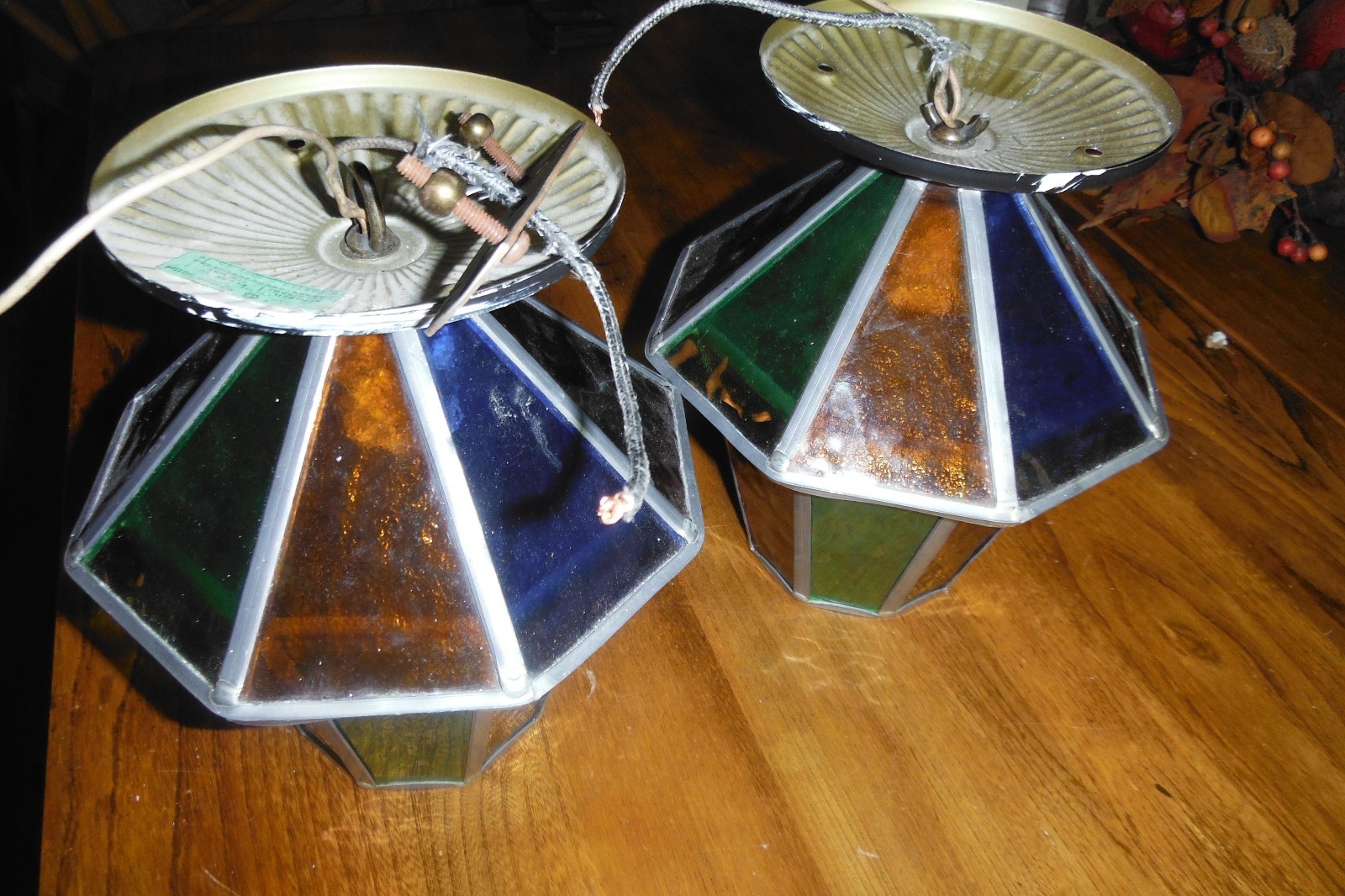 Vintage Danish Coach Style Leaded Slag Glass Ceiling Light Fixtures