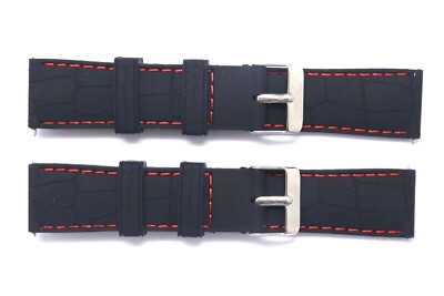 2Pcs 22mm Black Rubber Red Stitching Men's Watch Band Strap Silver Tone Buckle