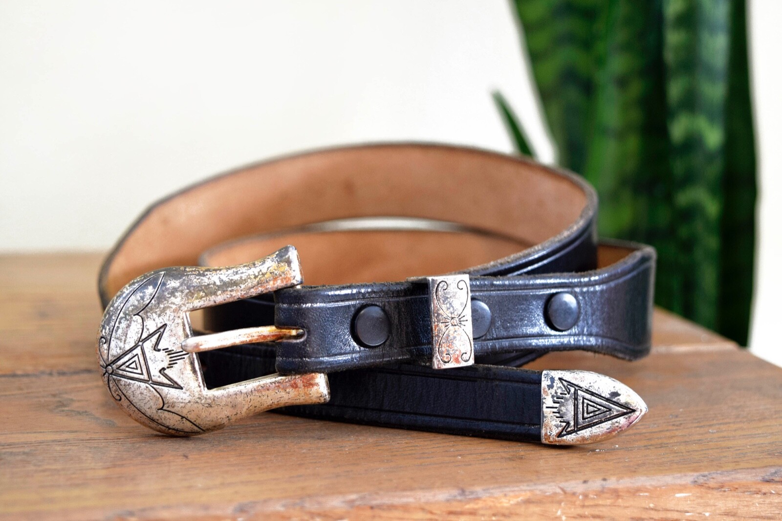 Vintage Size 36 Black Leather Western Ranch Belt with Silver Tone Fittings Biker