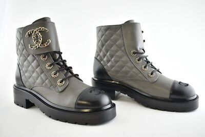 Pre-owned Chanel 21a Grey Black Quilted Cc Chain Combat Lace Up Tie Ankle Short Boots 37