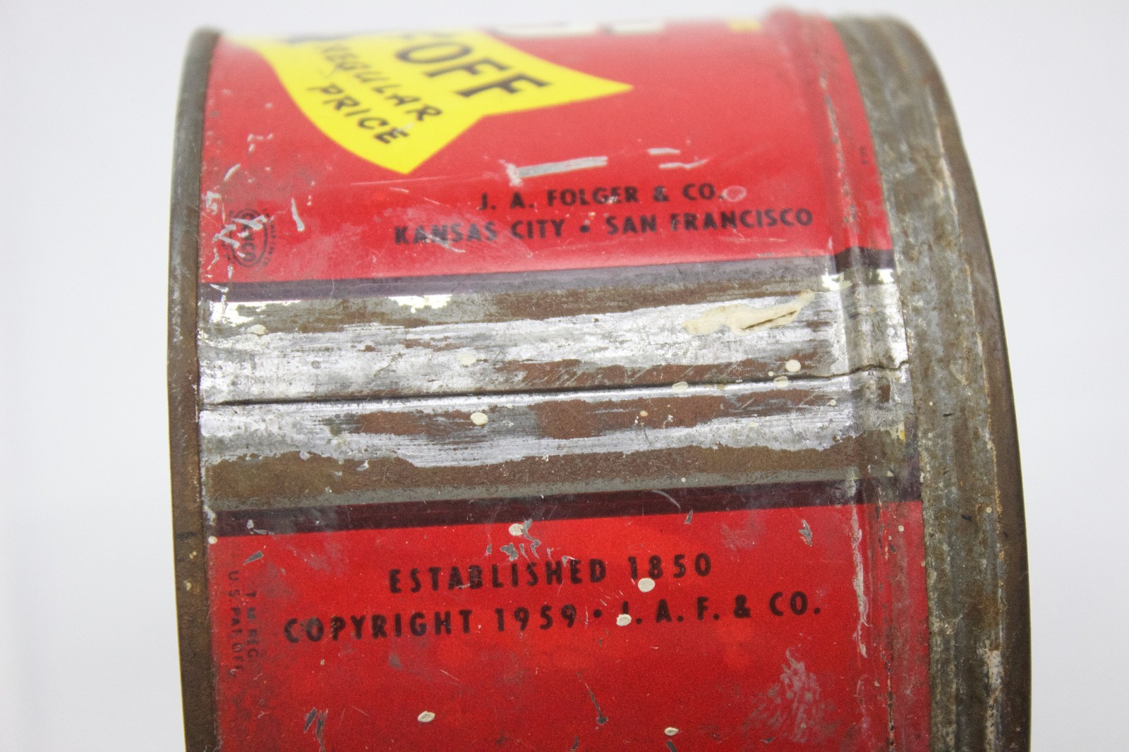 Vintage Dated 1959  Red Advertising Folgers Coffee Can Tin Metal Container (2)
