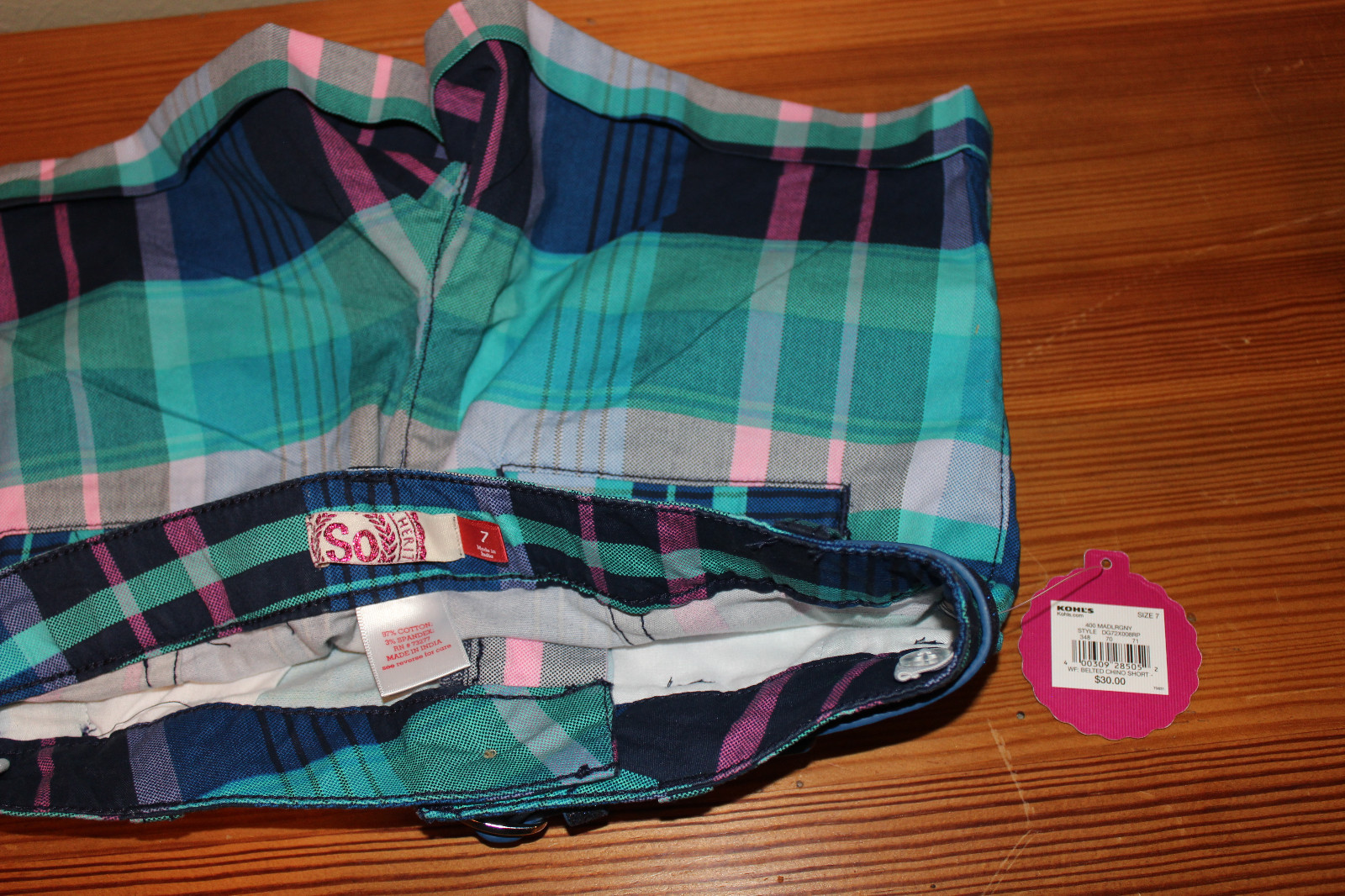 New SO (KOHL'S) GIRL'S Plaid belted chino Short-- SIZE 7 REGULAR NEW WITH TAGs