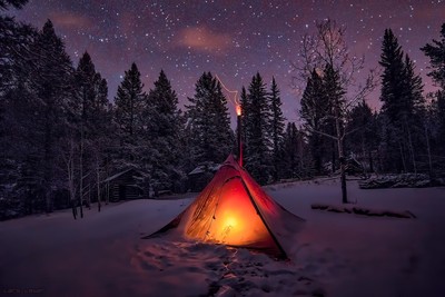 Anime winter snow tent sky trees night forest ice Play Gaming Mat Desk