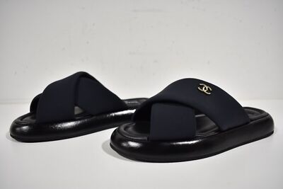 Pre-owned Chanel Rev Black Fabric Criss Cross Puffy Cc Logo Slide Mule Sandal Flop Flat 39