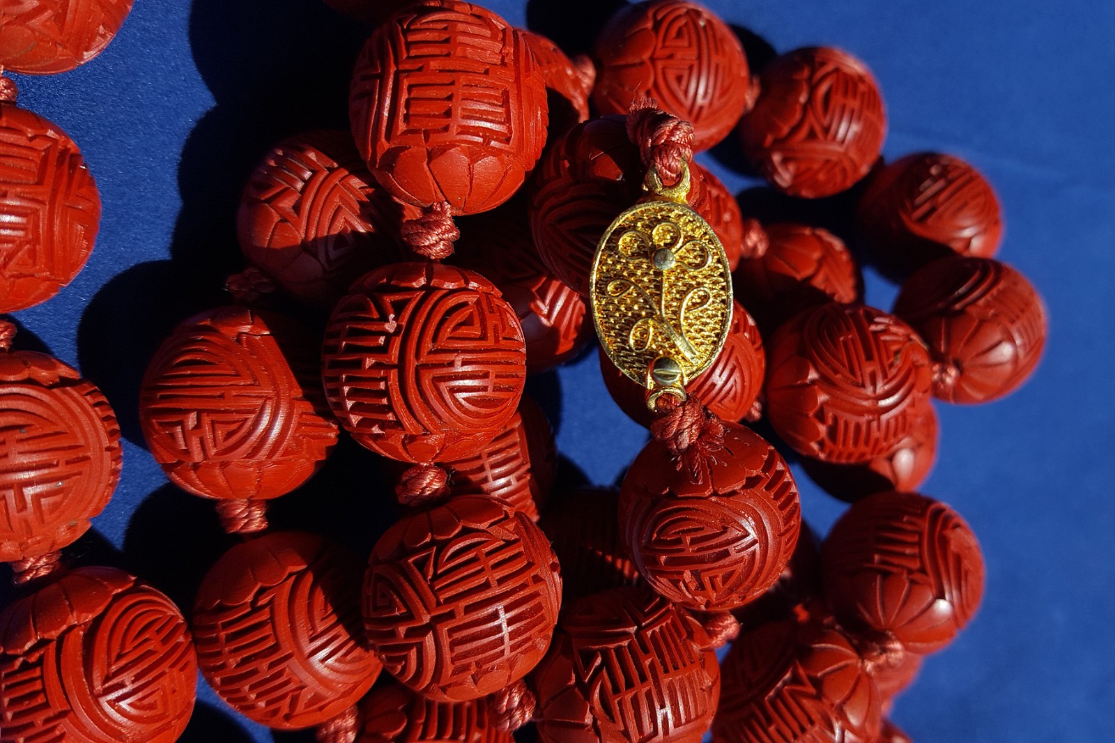 RARE Antique Vintage Chinese Carved Red Cinnabar SHOU  Big Bead Necklace