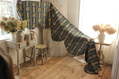 Antique 18th century valance Indigo blue French textile quilted bed hanging