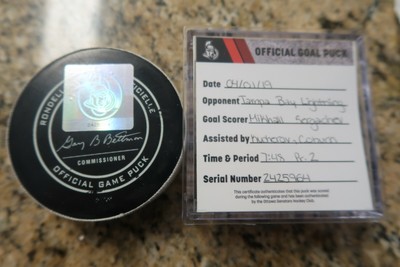 Mikhail Sergachev game used goal puck Tampa Bay Lightning 4-1-19 Nikita Kucherov