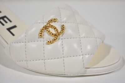 Pre-owned Chanel Rev White Lambskin Quilted Cc Gold Logo Cone Heel Mule Slide Sandal 37.5
