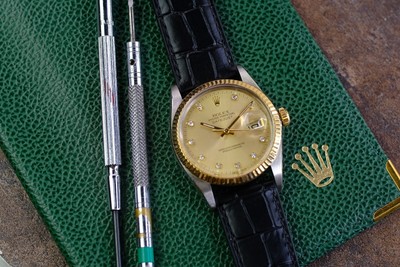 Rolex Datejust 16013 Champagne Diamond Dial 36mm YG Fluted Bezel AM Leather Band
