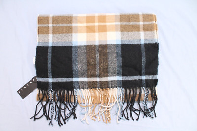 NWT SISLEY Black/Brown/Blue TARTAN PLAID Fringe Trim WOOL BLEND Scarf/Neck Tie