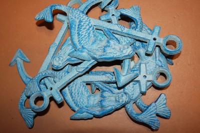 (10) Coastal Living Mermaid Wall Hooks, Aqua Cast Iron,Bulk Set of 10 pcs, N-15