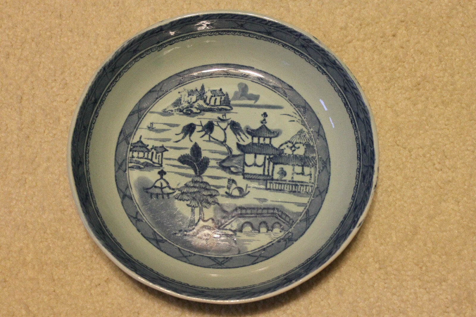Chinese antique porcelain blue & white big Low Bowl -10"Dx2-1/4"H