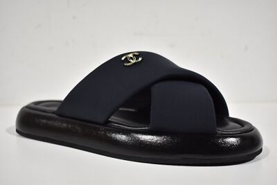 Pre-owned Chanel Rev Black Fabric Criss Cross Puffy Cc Logo Slide Mule Sandal Flop Flat 37