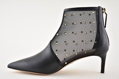 Pre-owned Valentino Garavani Valentino Rockstud Shining Mesh Black Leather Stud Kitten Heel Ankle Bootie 36.5