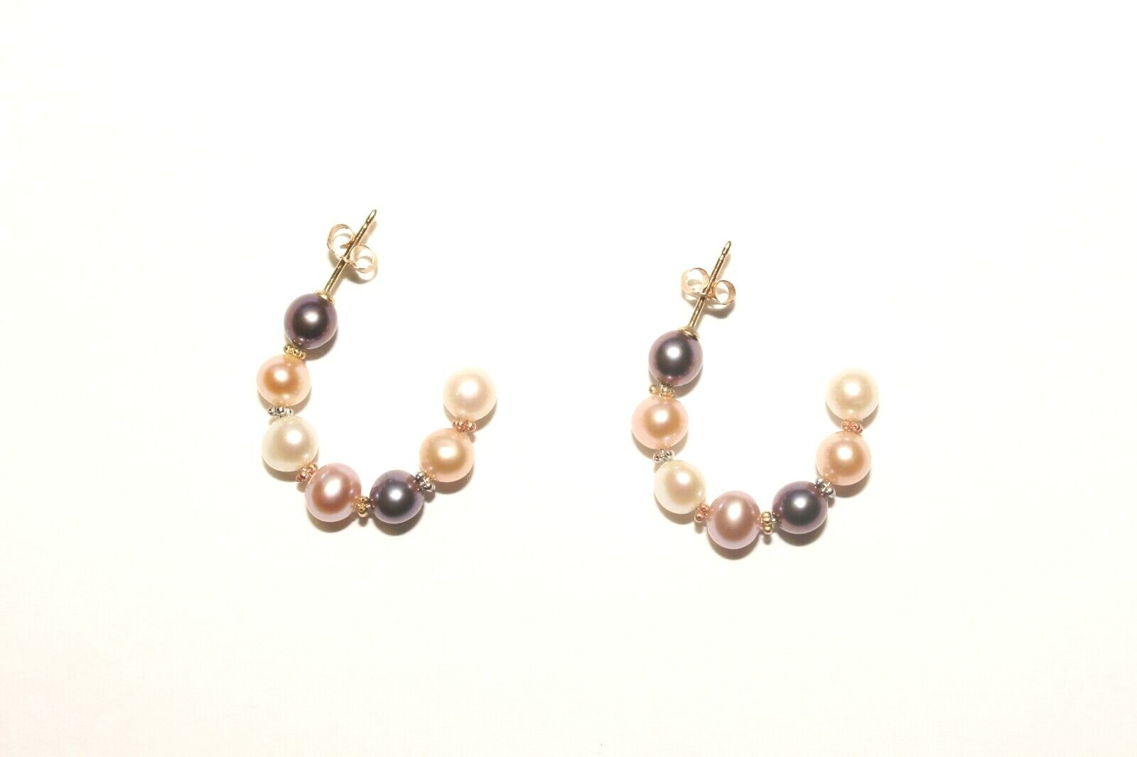 14K Yellow Gold Half Moon Cultured Multi Color Pearls Post Earrings!