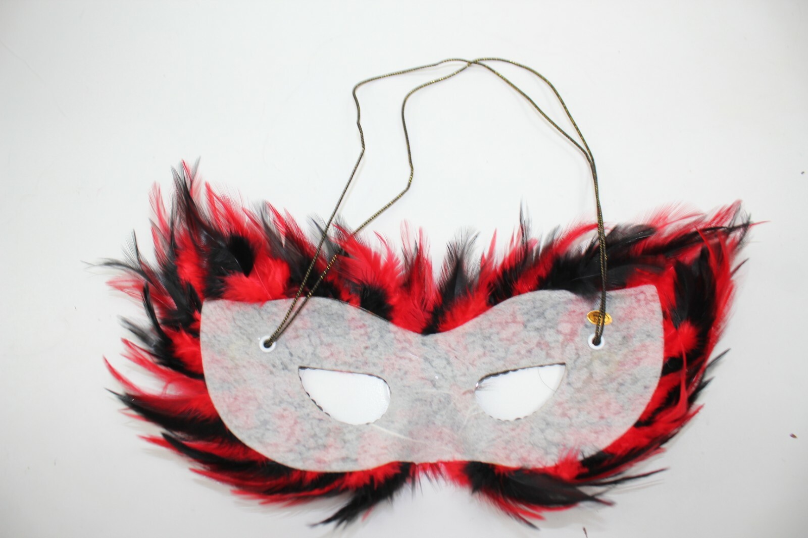 MASQUERADE FEATHER MASK Vintage Style Red Black Feather w Guinea Hen Feather EUC