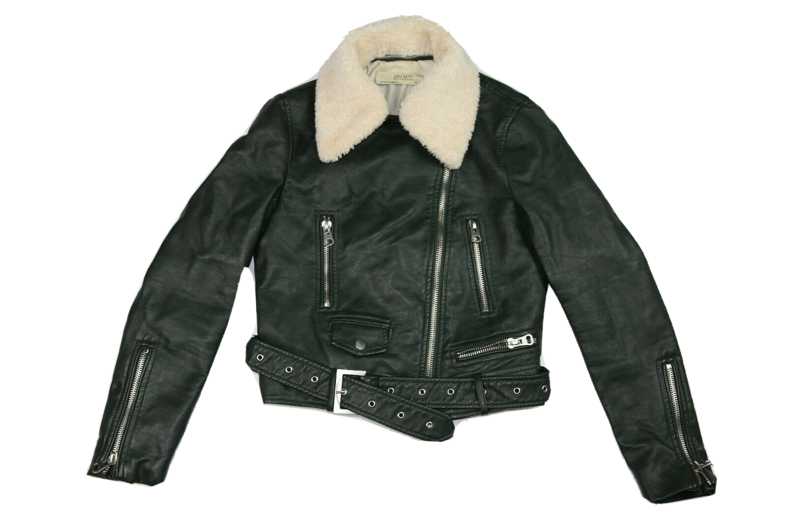 zara jacket faux leather collar shearling green biker belt