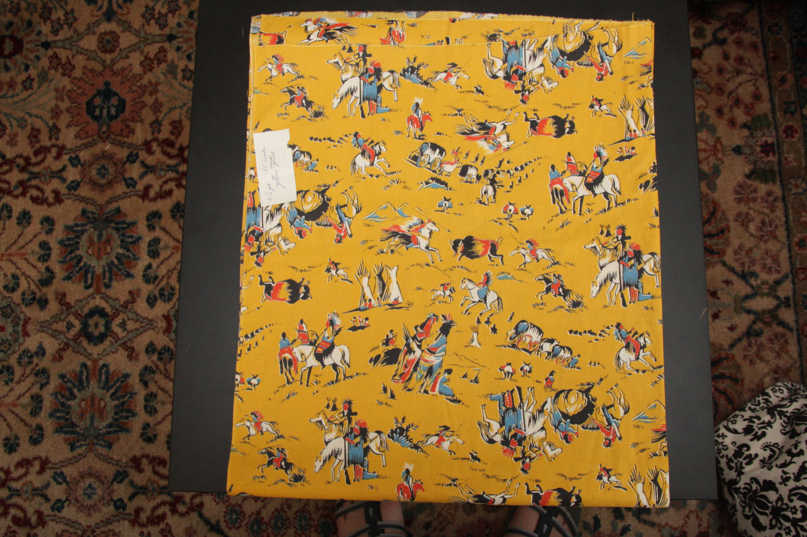 Vtg MCM Cotton Fabric Yellow Native American Horse Buffalo 35