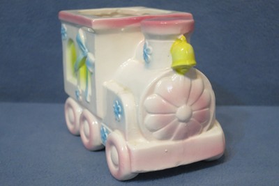 Vintage Nancy Pew Ceramic Train Planter # 7928 Japan Made Pink Blue Yellow White