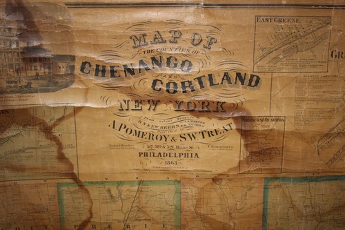 Antique 1863 New York State Chenango Cortland Counties Canvas Map Civil War Era