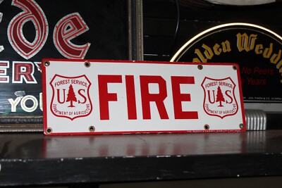 RARE US FOREST FIRE PORCELAIN METAL SIGN CAMPING NATIONAL PARK SMOKEY GAS FISH