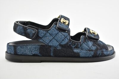 Pre-owned Chanel 21a Blue Black Grey Denim Cc Logo Mule Slide Strap Flat Dad Sandal 38.5
