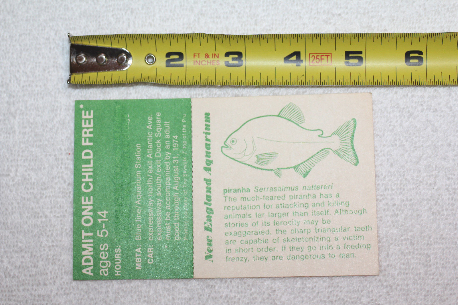 Vintage 1974 Child Admission Ticket NEW ENGLAND AQUARIUM Collectable