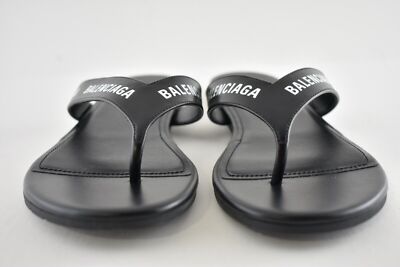 Pre-owned Balenciaga Black White Leather Logo Thong Slide Slip On Sandal Flip Flop Flat 37