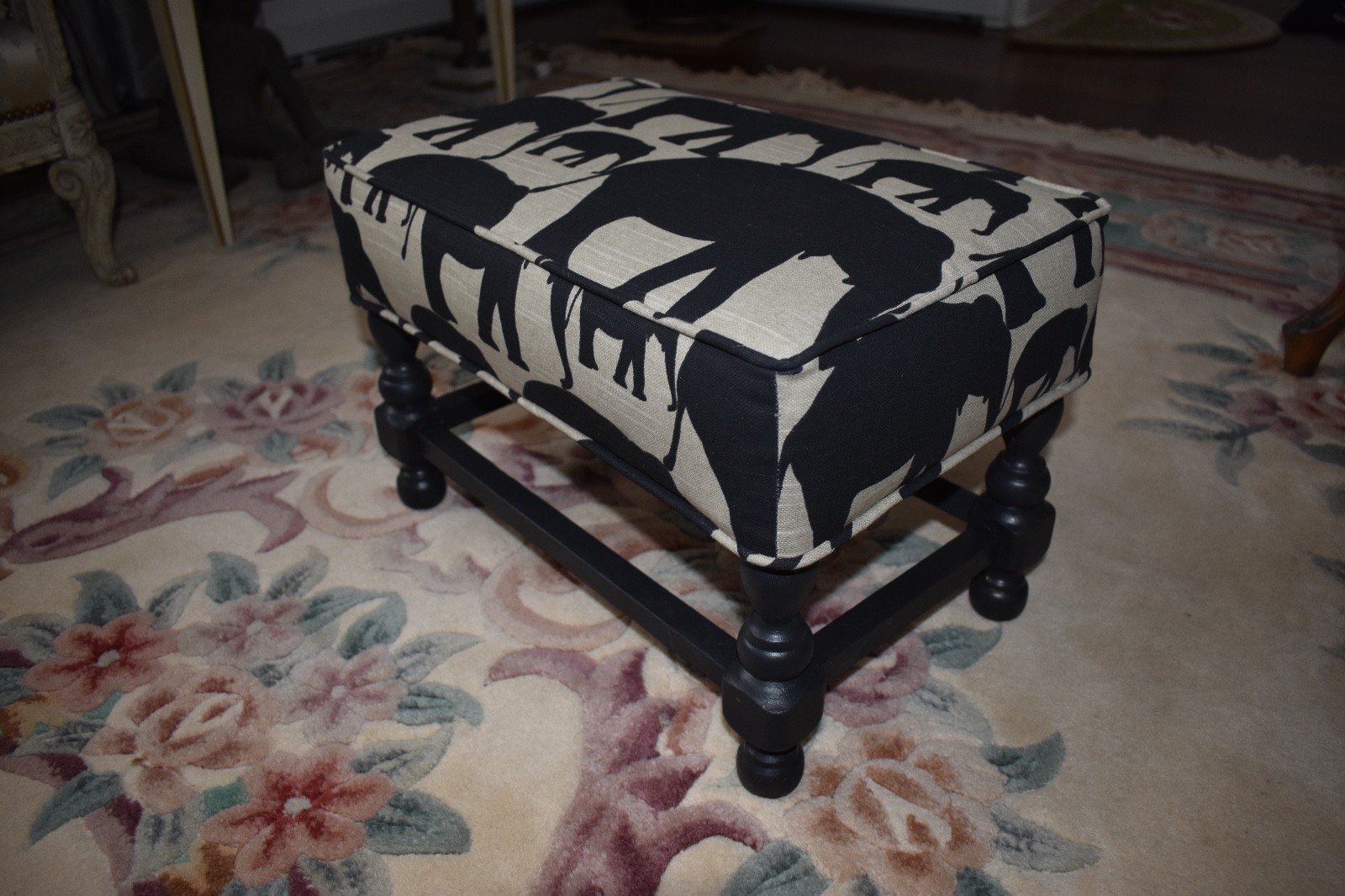 REDUCED!!!  Vintage Painted Wooden Stool Upholstered in Elephant Print Fabric