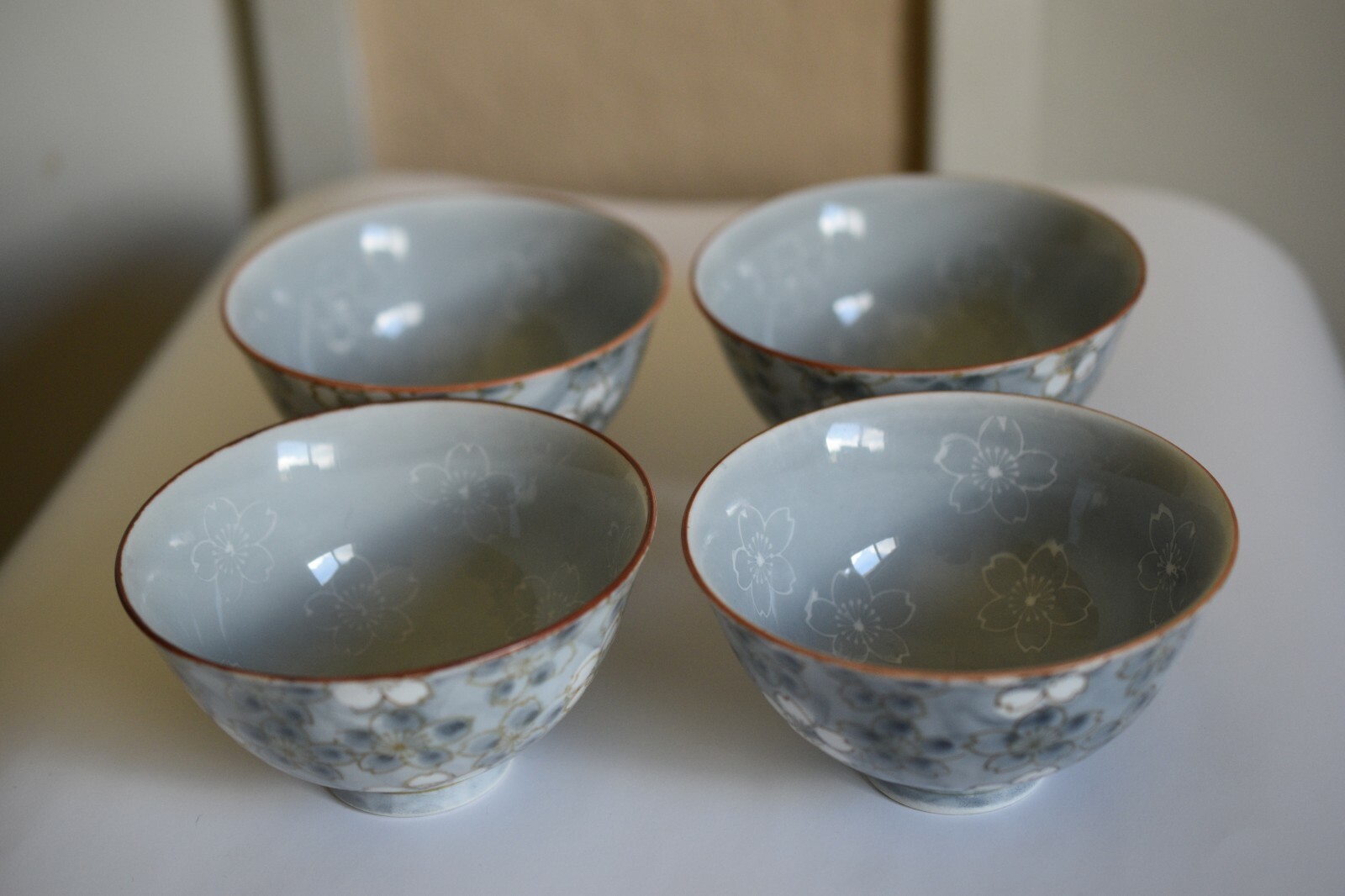 Vintage Japanese Rice Bowls Signed Set 4 Sakura Peach Spring Blossom Grey Blue