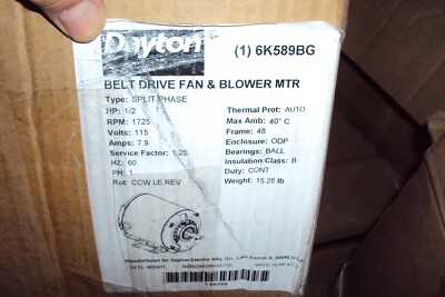 DAYTON 6K589BG MOTOR ,1/2 HP, 1,725 RPM,115 V , 1 PHASE , HVAC/R APPLICATION