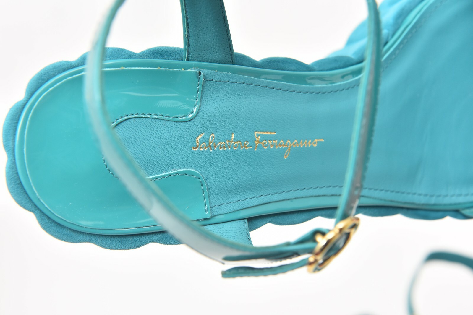 Pre-owned Ferragamo Salvatore  Tropea Teal Leather Flatform Sandals 9 B (eu 39 1/2) In Blue