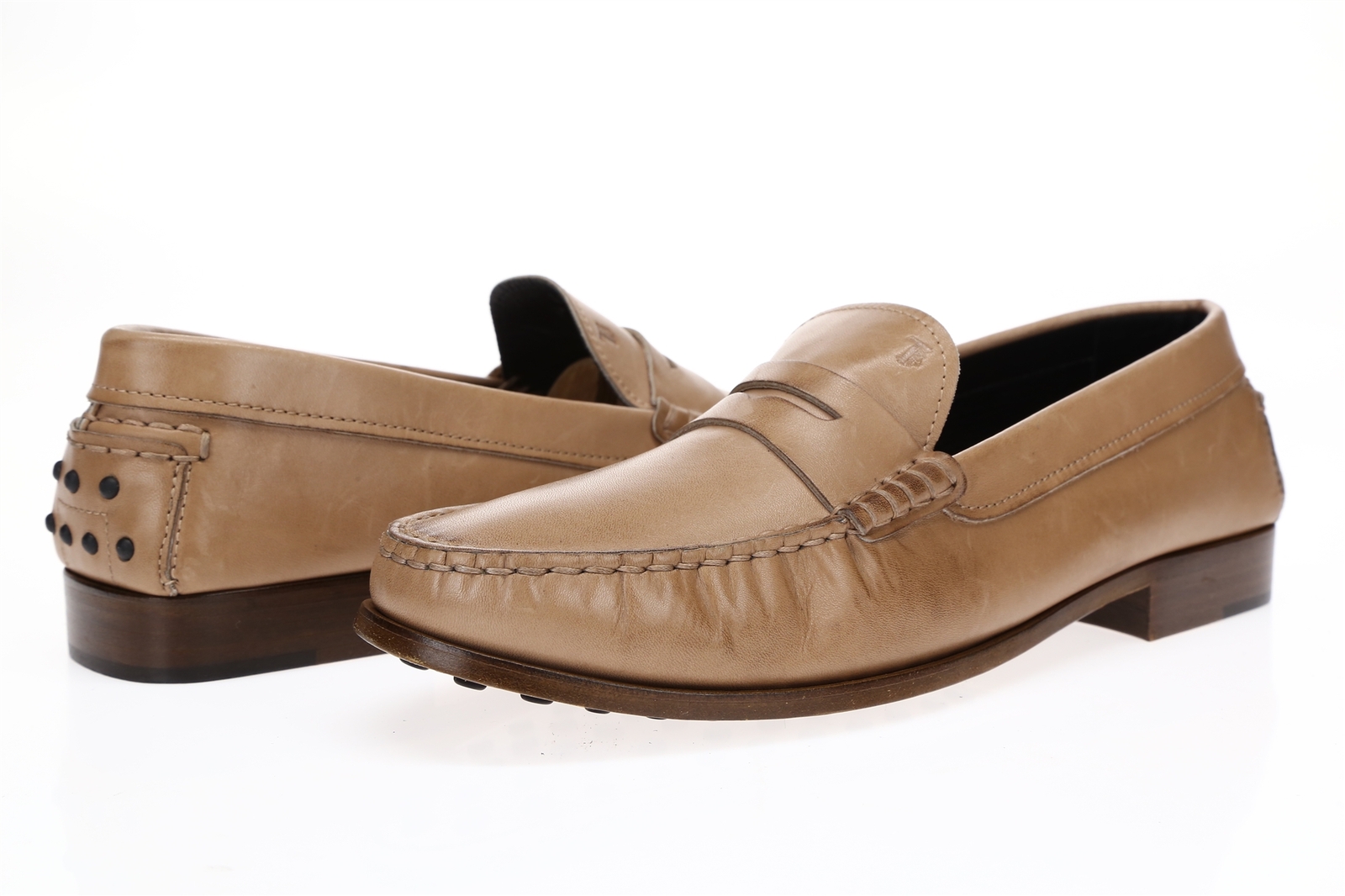 TODS Mens Taupe Leather Almond Toe Slip On Loafers Shoes Size 40.5