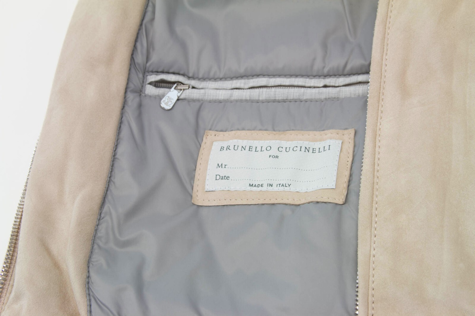 Pre-owned Brunello Cucinelli Nwt$7995  Leather Suede Puffer Bomber Jacket W/logo Zip M A232 In Khaki-taupe