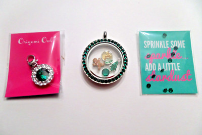 Authentic Origami Owl LG LOCKET w/GREEN CRYSTALS/CHARMS/DANGLE/STARDUST CRYSTALS