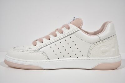 Pre-owned Chanel 22p White Leather Pink Cc Flat Lace Up Tie Runner Trainer Sneaker 39