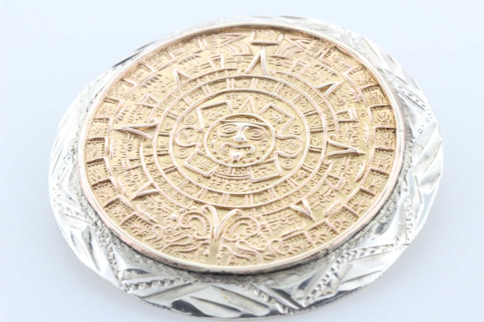 Hecho en Mexico Signed Sterling Silver & Brass Aztec Mayan Calendar Pendant Pin
