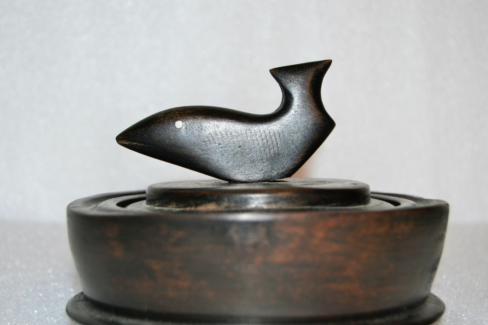 Primitive Ironwood Hand Carved Lidded Whale Bowl Oblong         z2