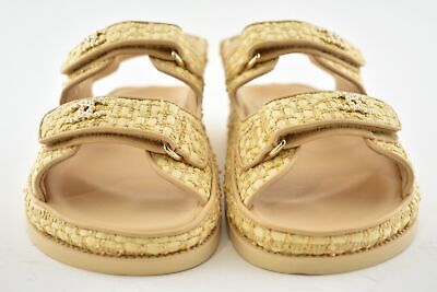 Pre-owned Chanel 21c Beige Raffia Pearl Cc Logo Mule Slide Strap Flat Teva Dad Sandal 38.5