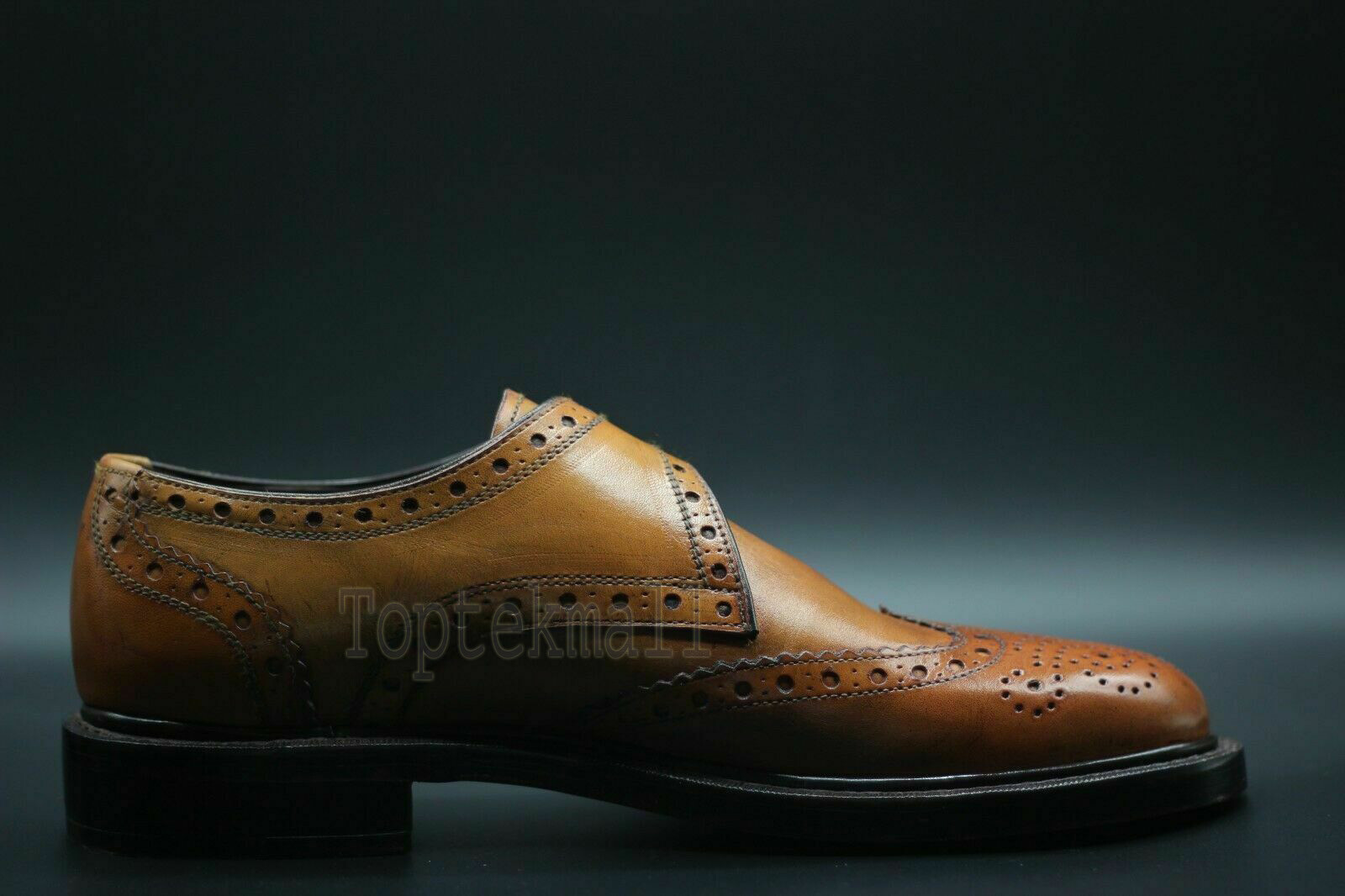 Pre-owned Handmade Men's Leather Single Monk Strap Oxford Brogue Wingtip Dress Shoes-48 In Brown