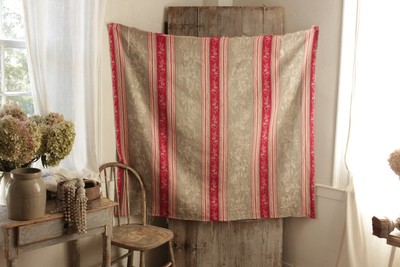 Antique French woven damask ticking floral + stripe fabric Napoleon III c1870