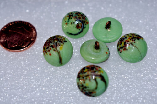 VINTAGE 6 LIGHT GREEN GLASS BUTTONS 14.5mm • PAINTED FLORAL DESIGN * ROUND 