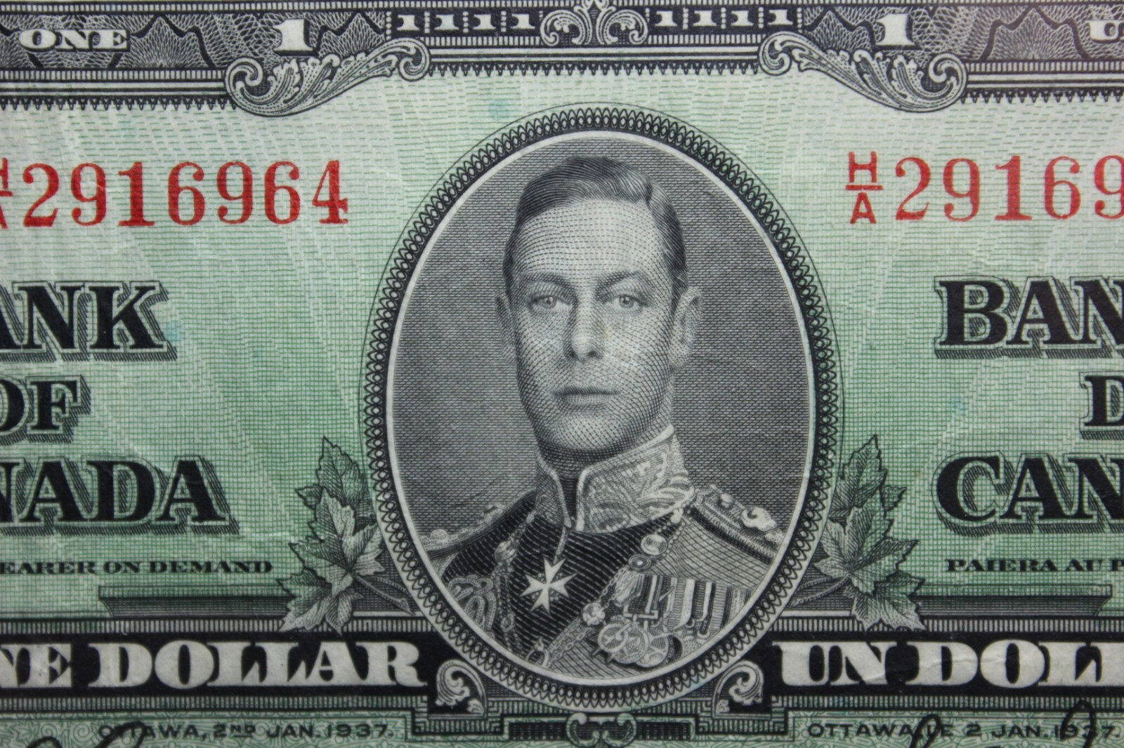 1937 BANK OF CANADA $ 1 ONE DOLLAR GORDON TOWERS NARROW PANEL H/A  BC-21b