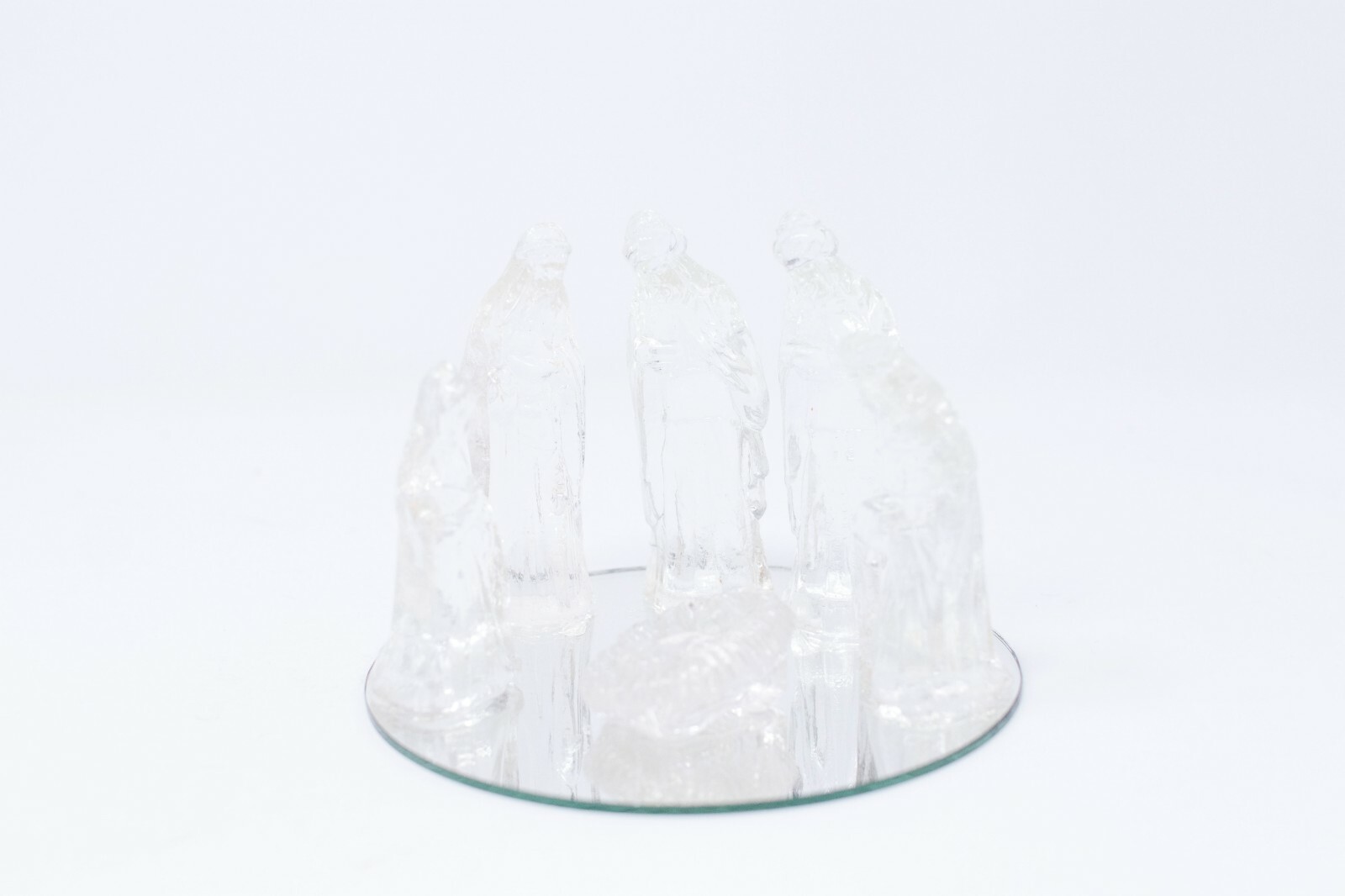 Vintage 7 Piece Glass Nativity Set With Mirror Still in Box