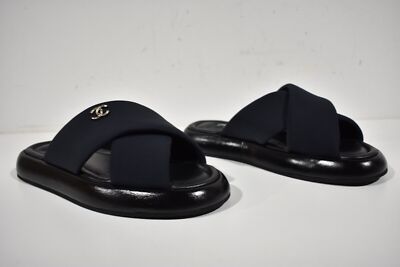 Pre-owned Chanel Rev Black Fabric Criss Cross Puffy Cc Logo Slide Mule Sandal Flop Flat 37