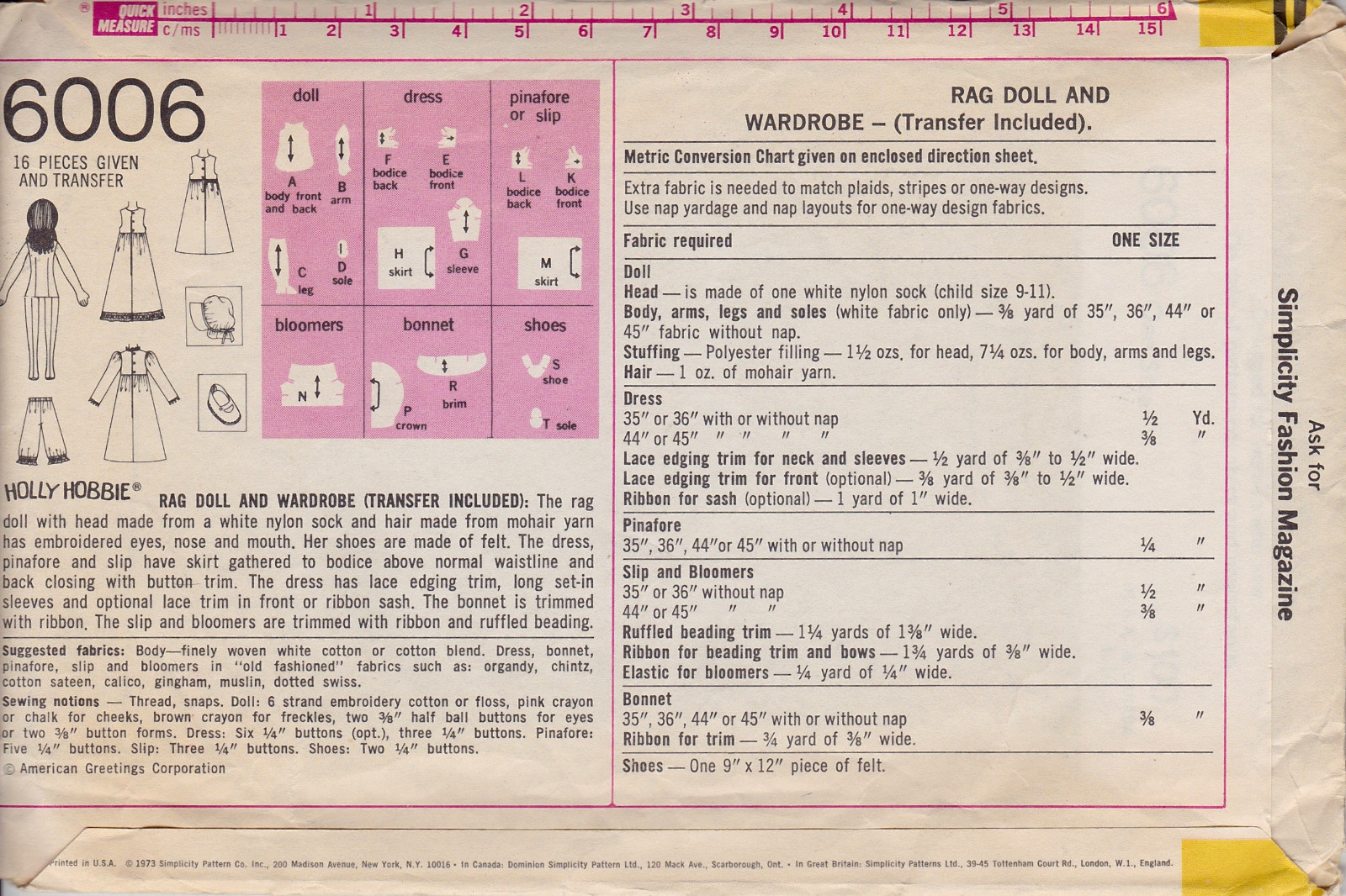 UNCUT Vintage 1973 HOLLY HOBBIE DOLL & CLOTHES Simplicity Sewing Pattern #6006